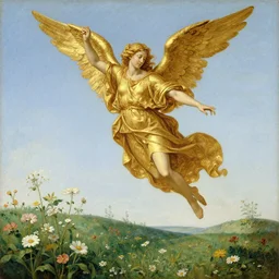 archangel made of gold flying above a flower meadow, renaissance oil painting