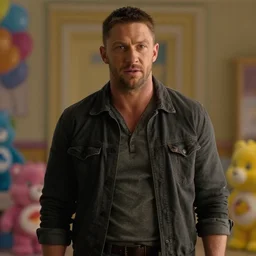 movie still of Tom Hardy from a live action carebear film