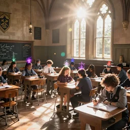 Realistic Photograph from inside Strixhaven school, D&D fantasy, magical school, bright day light sun, magic classroom, studying, cinematic, bloom, lens flare, highly detailed, sharp focus, movie still cinematic