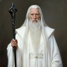 portrait of morgan freeman as evil saurman the white, long white hair and white beard, long white flowing robes, long black wizard staff by alan lee, lord of the rings, smooth, oil painting, matte painting, concept art, trending on artstation, promotional artwork, film still, elegant, photorealistic facial features, intricate, detailed face, cinematic lighting