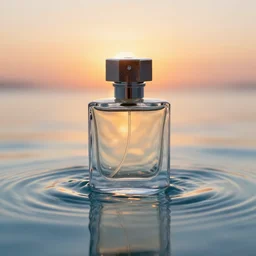 centered clear clean perfume sitting in clear, rippling rose - water in a sunset, crisp, surreal photography, illumination lighting, sharp focus, vogue