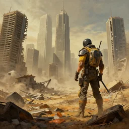 extremely detailed post - apocalyptical wasteland with destroyed skyscrapers in the hazed background in the style of mad max and blade runner. painted by james chadderton. surrealism composition perspective drawing high resolution detail.