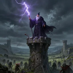 “an old sorcerer stands on a tower, Casting a spell of lighting from his staff. Goblin army in valley below. Ominous sky, trending on artstation”
