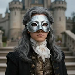 portrait painting of a 3 0 years old male, wearing a silver melt mask, long grey hair, gentleman's dress, background is castle and steps unreal render cinematic lighting art 1 9 2 0 period drama by bussiere rutkowski andreas rocha
