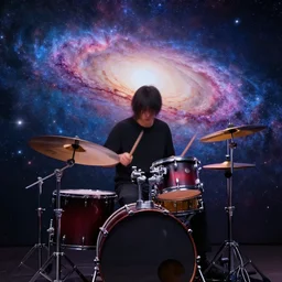 person drumming on a drum kit in milky way galaxy, stunning digital art, artstation, vibrant colors, sharp, 8 k