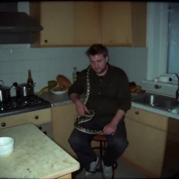 snake, a man sit in a stalinist style kitchen, by mini dv camera, very very low quality, heavy grain, very blurry, accidental flash, webcam footage, found footage, security cam, caught on trail cam
