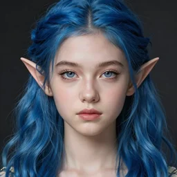 centered detailed portrait of a extremely beautiful young girl and elves hybrid, symmetrical, long wavy blue hair, sharp focus on the eyes, details, intricate, octane render, smooth face, illustration, hyperrealistic, by dmitry prozorov, wlop