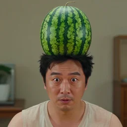 film still of a man with a watermelon on his a head in the new comedy movie, 4 k