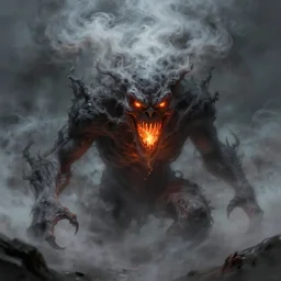 terrifying monster of ash and smoke, eyes and mouth glowing like burning embers. beautiful fantasy art by michael whelan and greg rutkowski