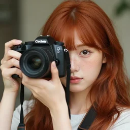 mahiru koizumi, a freckled japanese redhead, holding a camera up to her face, a character portrait by ren hang, featured on cg society, art photography, dslr, dslr camera, shallow depth of field