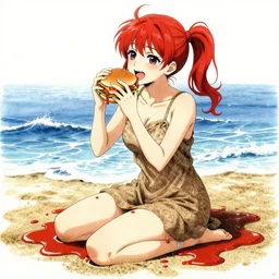Extremely Detailed and Full Portrait scene of Gooey Ocean scene in ink and refined sand, Red Hair pigtail anime woman with shades on face. wearing a sundress full body smiling while eating a cheese burger. The cheeseburger is leaking red sauce all over the place by Akihito Yoshitomi AND Yoji Shinkawa AND Greg Rutkowski, Mark Arian trending on artstation