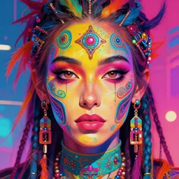 colorful character portrait of a non - binary hippie, set in the future 2 1 5 0 | highly detailed face | very intricate | symmetrical | cinematic lighting | award - winning | painted by mandy jurgens | pan futurism, dystopian, bold colors, cyberpunk, groovy vibe, anime aesthestic | featured on artstation