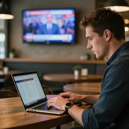 cinematic still of a man sitting in a coffee bar using his laptop, tv with the news on in the background