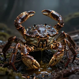 a dark and oily crab made out from skeleton, dripping oil heavily, threatening