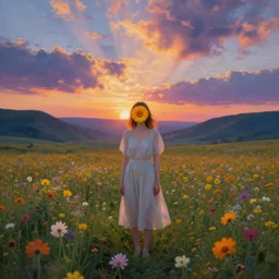 girl with a flower face, surreal photography, bizzare, dreamlike, otherworldly, standing in flower field, in a valley, sunrise dramatic light, impressionistic painting, colorful clouds, artstation, simon stalenhag