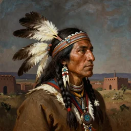a head and shoulder painting of an American native Apache warrior with an eagle feather in his braided hair with a rugged New Mexico background, in the style of Albert Bierstadt, insanely detailed, extremely moody lighting, glowing light and shadow, atmospheric