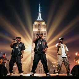 the Beastie Boys performing live at the top of the Empire State Building in New York, cinematic lighting