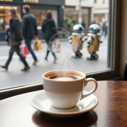 a cup of coffee on a table is steaming, in the background through the window there is people moving around with shopping bags, and droids walking.
