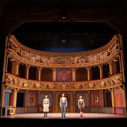 photo of a huge theaterstage, play is le nozze di figaro, 3 actors on stage, 8 k, multicolored, exaggerated detailed, long shot