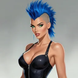 beautiful futuristic megan fox, photo realistic, hyper detailed, comic book illustration, blue mohawk, green eyes, voluptuous