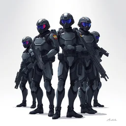futuristic swat team, high tech clothing, no helmets, artstation, cartoon, elegant, highly detailed, digital painting, concept art, smooth, sharp focus, illustration, art by ghibli, makoto shinkai, don bluth, fujita goro, jean giraud, atey ghailan, akihiko yoshida, tom whal