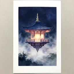 centered on watercolor paper, paint brush strokes, watercolor painting of a hovering miniature shrine, enchanted, iridescent and ethereal, in a misty landscape at night, oriental, cinematic light, in the style of noriyoshi ohrai
