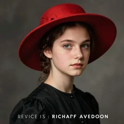 half - length portrait of girl in a red hat and black dress, fine art portrait photography by richard avedon, volumetric lighting, very detailed, high resolution,