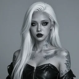 Hot young woman with grey skin, white hair, void eyeballs, tattoos, and wearing leather concept art –n9 –i