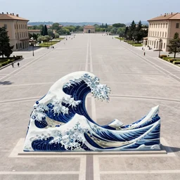 A white and blue marble sculpture of The Great Wave off Kanagawa in the middle of an empty Italian piazza, midday, 4k photograph, sunny day, long shot, overhead view, far away