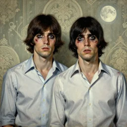 a painting of two beautiful but sinister men wearing oxford shirts in layers of fear, with haunted eyes and dark hair, 1 9 7 0 s, seventies, wallpaper, a little blood, moonlight showing injuries, delicate embellishments, painterly, offset printing technique, by brom, robert henri, walter popp