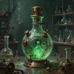 a painting of a steampunk potion bottle in a dark dusty vintage science lab, by h. r. giger, green, hyperrealistic fantasy art, concept matte, ethereal, dreamy, digital art, trending on artstation, volumetric cinematic lighting