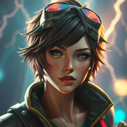tracer from overwatch, character portrait, beautiful! model portrait, close up, concept art, intricate details, artstation, cinematic lightning highly detailed, 8 0's vintage retro miami, in the style of chris foss, rodger dean, michael whelan, and gustave dore