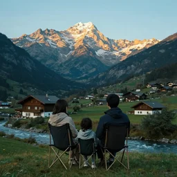 a family sitting in a chair looking at the mountains, clear sky, cinematic lighting, beatiful house, river, 4k, HD