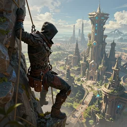 an epic fantasy comic book style landscape painting of a hooded thief in leathers using a rope to climb a tall building with a fantasy city unreal 5, daz, hyperrealistic, octane render, dynamic lighting, 8 k, ultra wide angle