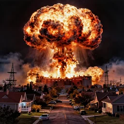 an american neighborhood at night nuclear explosion, colorful, high detail