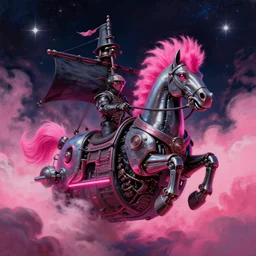 space, a mechanical horse with a pink mohawk drives a pirate spaceship, punk, hyperdetailed illustration, stars, pink, neon, oil painting, rich deep colors masterpiece, pirate neon ship, ultra detailed, contrast, heaven pink, clouds, volumetric light, atmospheric lighting, dramatic, cinematic, moody, octane render 4 k, 8 k