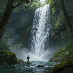 a waterfall deep forest and a fisherman, deep focus, fantasy, intricate, elegant, highly detailed, digital painting, artstation, concept art, matte, sharp focus, illustration, hearthstone, art by artgerm and greg rutkowski
