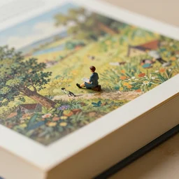 a tiny figurine sitting on top of a book, a tilt shift photo by william harnett, featured on unsplash, academic art, shallow depth of field, tilt shift, storybook illustration