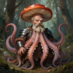 photo of vladimir lenin as humanoid octopus, tentacles beard, tentacles heands, mushroom hat, hybrid were a heroic dress an armour in the forest, highly detailed, digital painting, artstation, smooth, sharp focus, illustration, art by artgerm and greg rutkowski and alphonse mucha