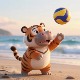 a closeup photorealistic photograph of a cute stylish tiger hippo playing volleyball at the beach during sunset. Surf in the background. This 4K HD image is Trending on Artstation, featured on Behance, well-rendered, extra crisp, features intricate detail and the style of Unreal Engine.