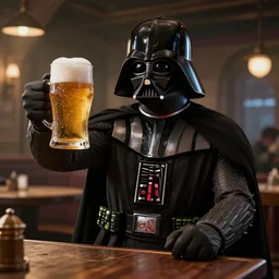darth vader rising his beer in a tavern, hyperrealistic, unreal engine, octane render, 4 k, detailed