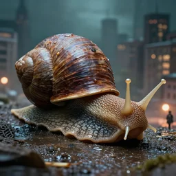 giant snail terrorizes the city. fantasy horror style. highly detailed 8 k. intricate. nikon d 8 5 0 3 0 0 mm. award winning photography.
