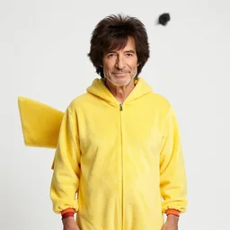 a portrait photograph of Bob Ross Wearing a Pikachu suit onesie