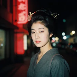 A Japanese woman at night, 1966, 35mm photography, red neon lights