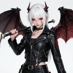character concept of an anime white woman with red eyes wearing a leather jacket with white hair and dragon wings on her back holding a bat she has a scar going across her face