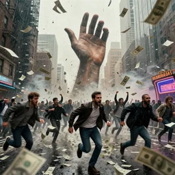 a swarm of money in the city. the hand of god is in the sky. people running for their lives. terrorist attack. it's raining money. game show. humans in ecstacy