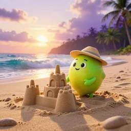 3 d render, of anthropomorphic green lemon character, he is wearing a hat, building a sandcastle on the beach at sunset, beach, huge waves, sun, clouds, long violet and green trees, rim light, cinematic photography, professional, sand, sandcastle, volumetric lightening