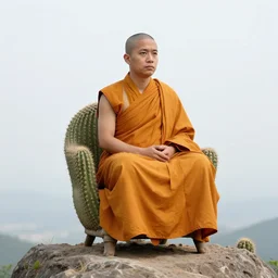 monk sitting on a cactus chair on a mountaintop