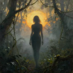 foggy jungle with vines and spikes ,woman silhouette backlight , oil painting by frazetta, dramatic sunset