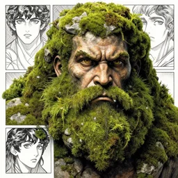 rock monster covered in moss with a moss beard!!, dnd, highly detailed, detailed face, manga illustration, by artgerm, greg rutkowski, alphonse mucha
